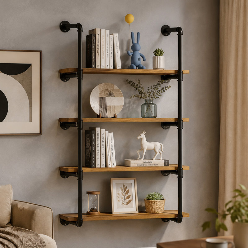  Étagère à 4 niveaux à tuyaux industriels, tablettes murales en bois rustique avec cadre en fer noir résistant à la rouille, présentoir autoportant de 52,4 po pour la cuisine du salon