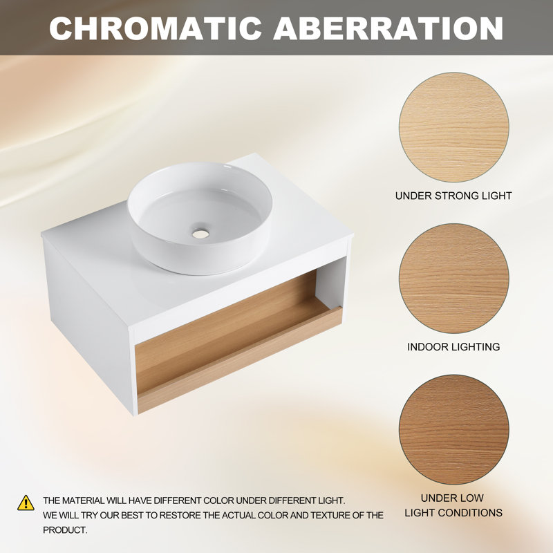 Meuble-lavabo mural de 30 po, lavabo vasque rond, rangement à tablette ouverte, White
