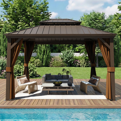 Pavillon de jardin d'extérieur en aluminium à toit rigide muni d'un toit à double couche, de rideaux et d'une moustiquaire