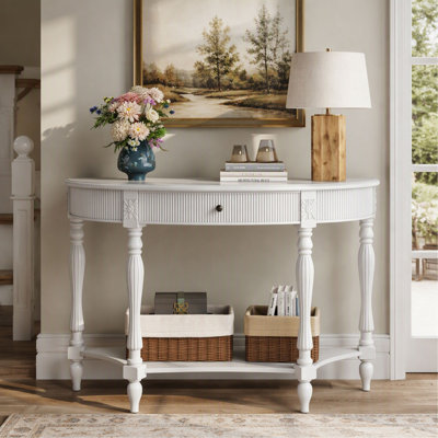 Console - Demi-lune - avec tiroir et tablette - Cannelé - Courbé - Pieds de colonne romaine - Blanc - Bois massif