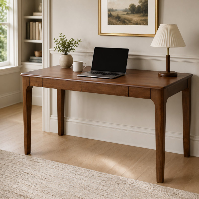Bureau d'écriture en bois massif avec deux tiroirs de rangement Azyvren, Brun
