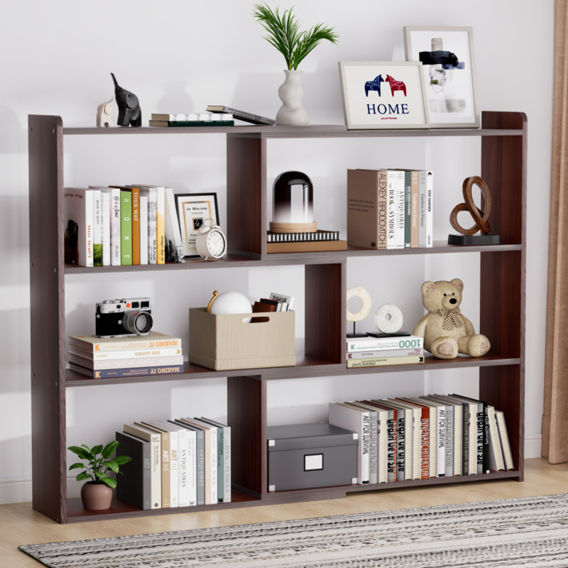 Bibliothèque en bois extensible, largeur réglable de 24 à 47 po, tablette d'angle en forme de L, présentoir ouvert, brun