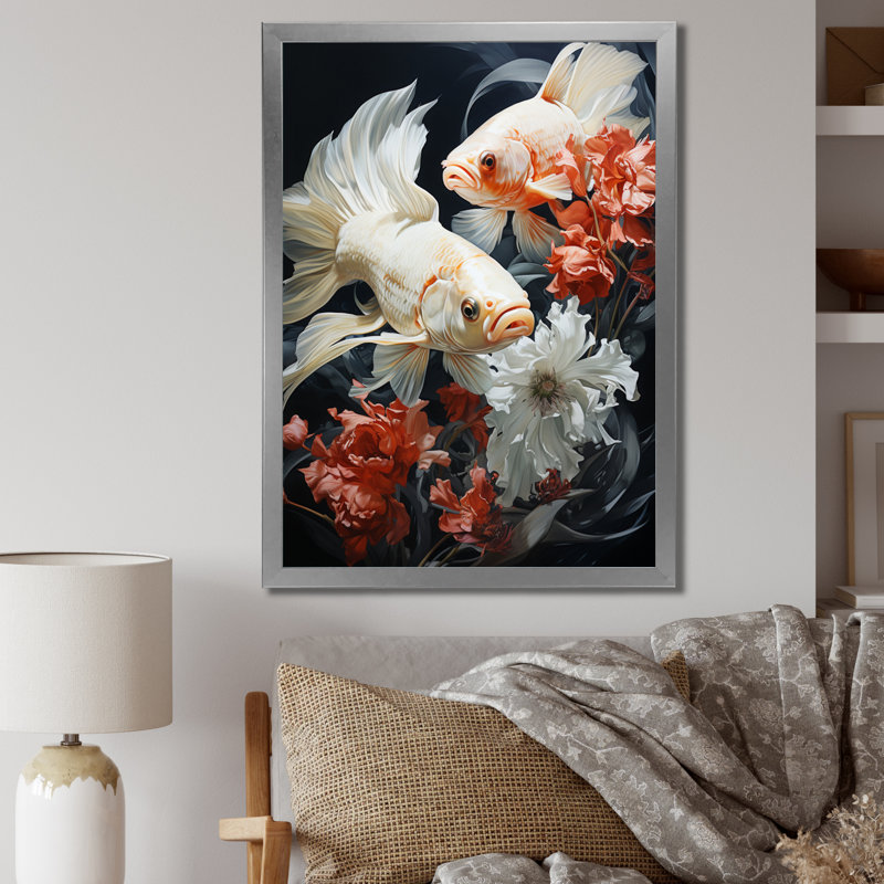 Fish Aquatic Symphony - animaux, art mural sur toile, H 44 po x l 34 po x P 1,5 po, Cadre photo argenté