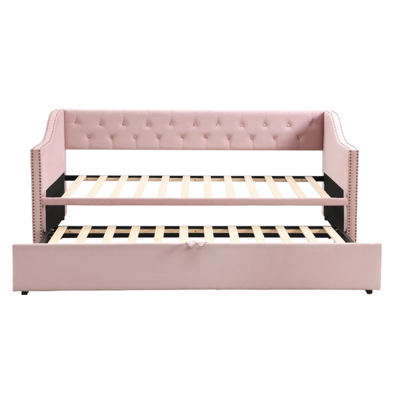 Lit de jour simple tapissier avec couchette escamotable, rose