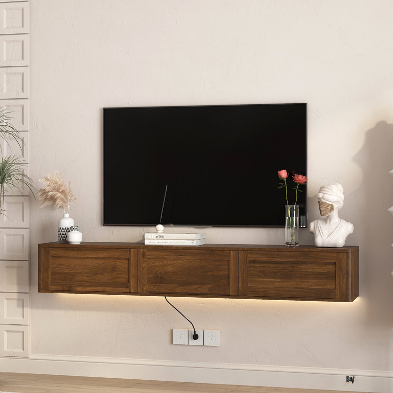 Meuble télé flottant, meuble télé mural avec lumières DEL et prise de courant, meuble télé ultrabrillant pour meuble télé en bois de salon