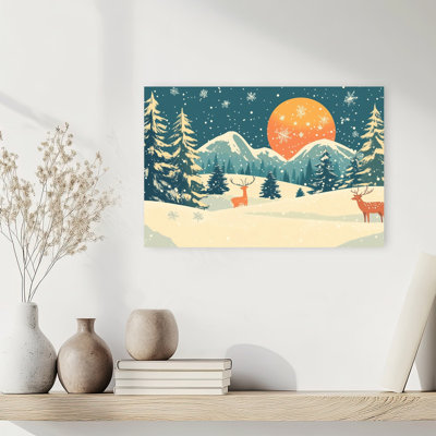 Moonlit Winter Deer Peaceful Serene Abstract Pine Tree Deer Forest Landscape Wall Art Print 1 Piece Wrapped Canvas Wall Art