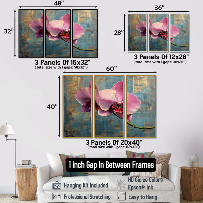 Orchidée rose exotique Elegance II - ensemble de décoration murale orchidée, Toile naturelle avec cadre flottant