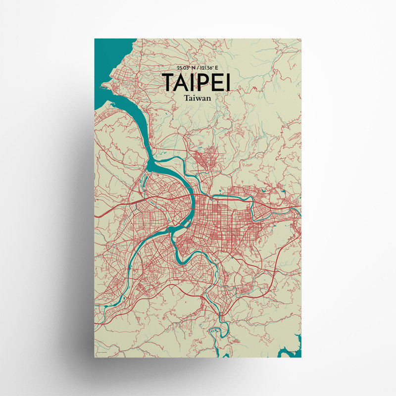 Taipei City Map in Tricolour 1 Piece Wall Art, 17cm H x 11cm W x 0.05cm D