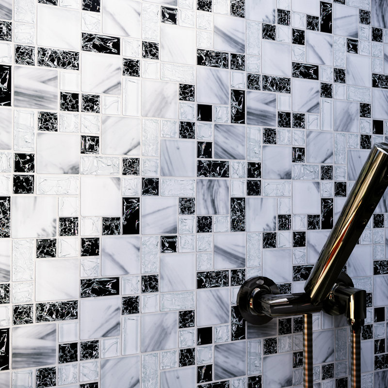 Crackle 11.75'' X 11.75'' Glossy Glass Subway Tile, Gray/Black