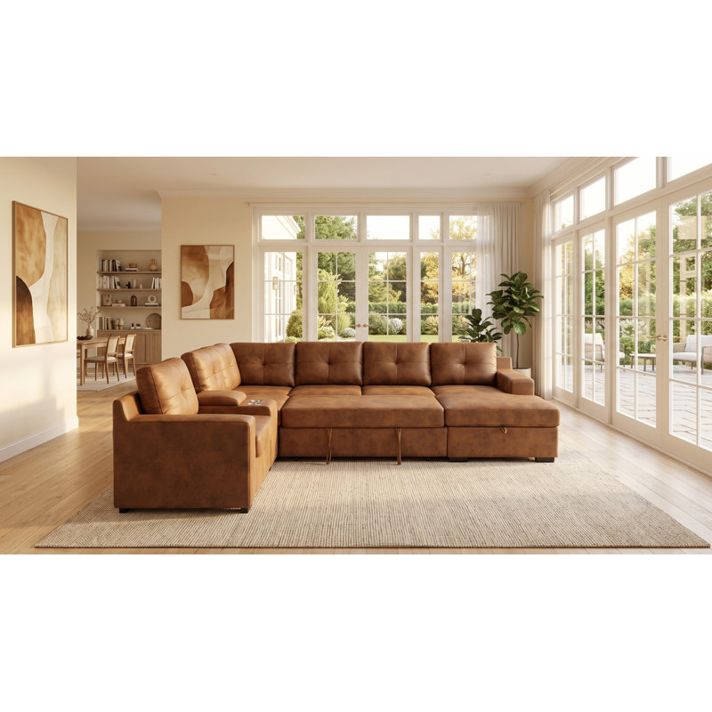Canapé d'angle en forme de U avec lit gigogne et méridienne, rangement et console, Brown