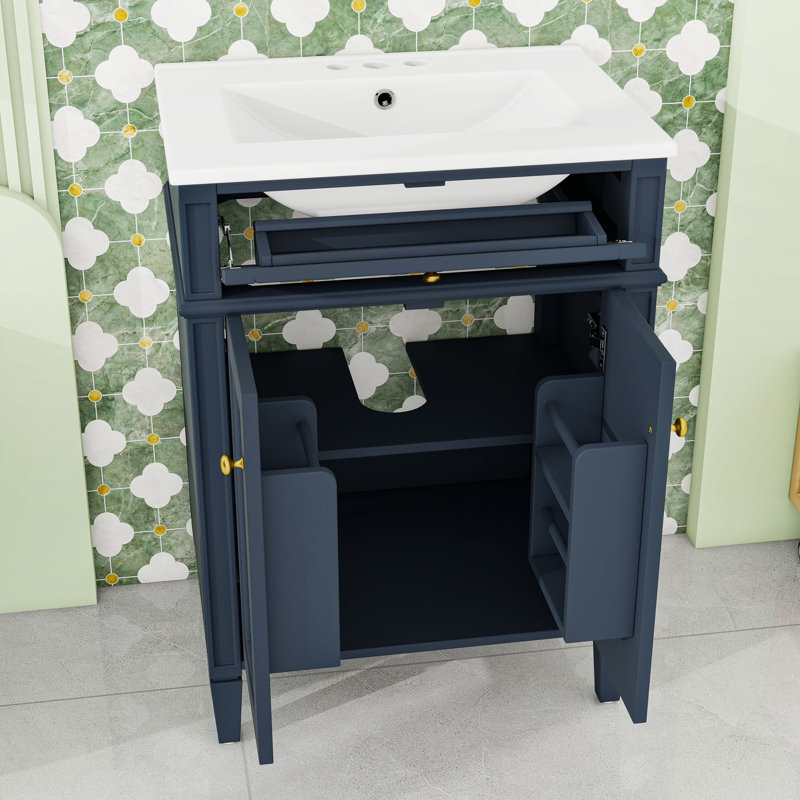 Meuble-lavabo de salle de bain avec lavabo en céramique, tiroir basculant et tablette réglable, Blue