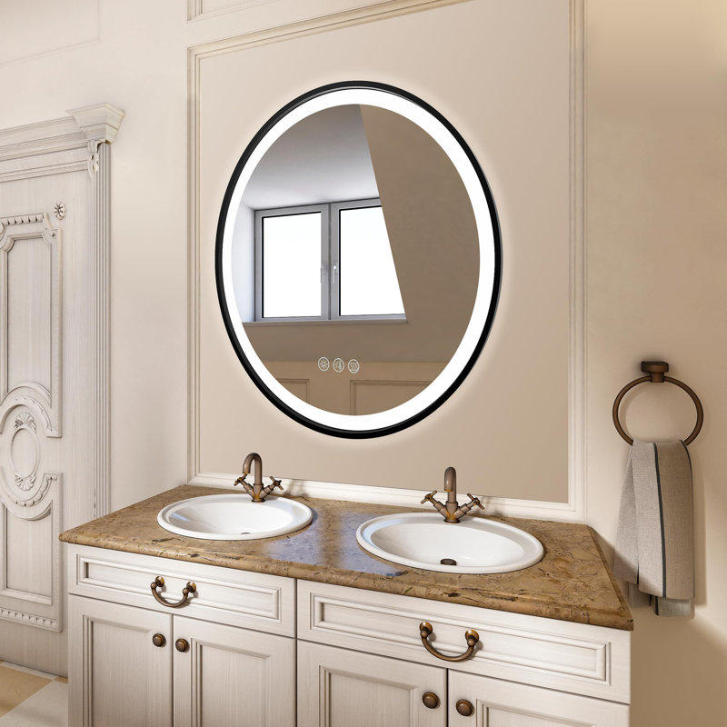 Lucid Collection Front Illuminated 24in Round LED Mirror in Black Edge Frame with Defogger, CCT Color Temperature Selectability, and Brightness Control with Cleat for Wall Mounting