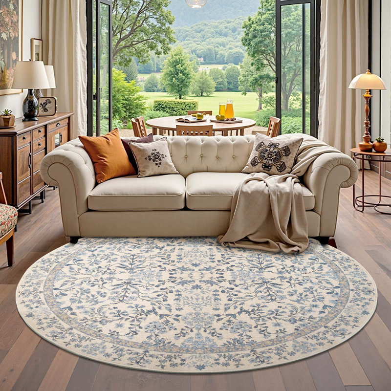 Floral Machine Washable Area Rug, Round 6', Blue
