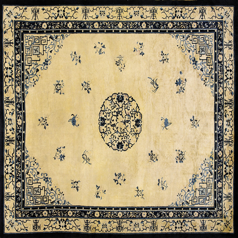 Rectangle Wool 1920s Ivory Beige Cream White Hand Knotted Pile Antique Rug