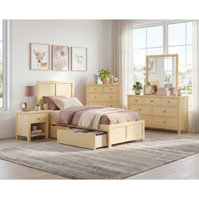 Contemporary Platform Bed with Storage Boxes and Natural Pine Finish