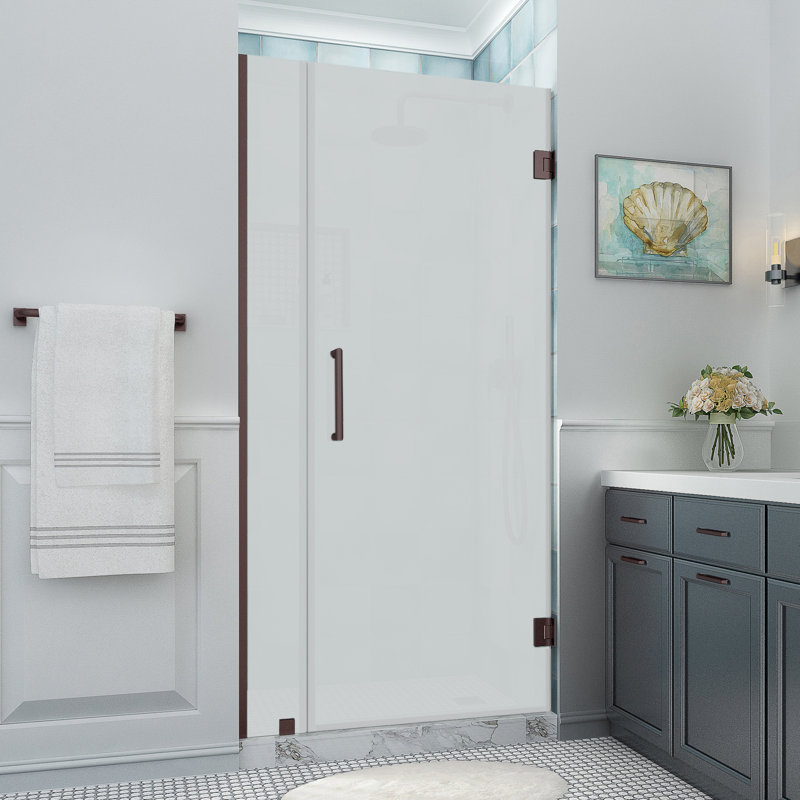 Belmore XL 30.25 - 31.25 in. x 80 in. Frameless Hinged Shower Door with Ultra-Bright Frosted Glass, Bronze, Frosted Glass