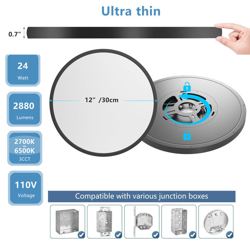 6-pack 12 Inch Black Low Profile Led Flush Mount Fixtures- 24w 5cct Selectable(2700k-6500k) Modern Ultra Thin Flat Round Fixtures
