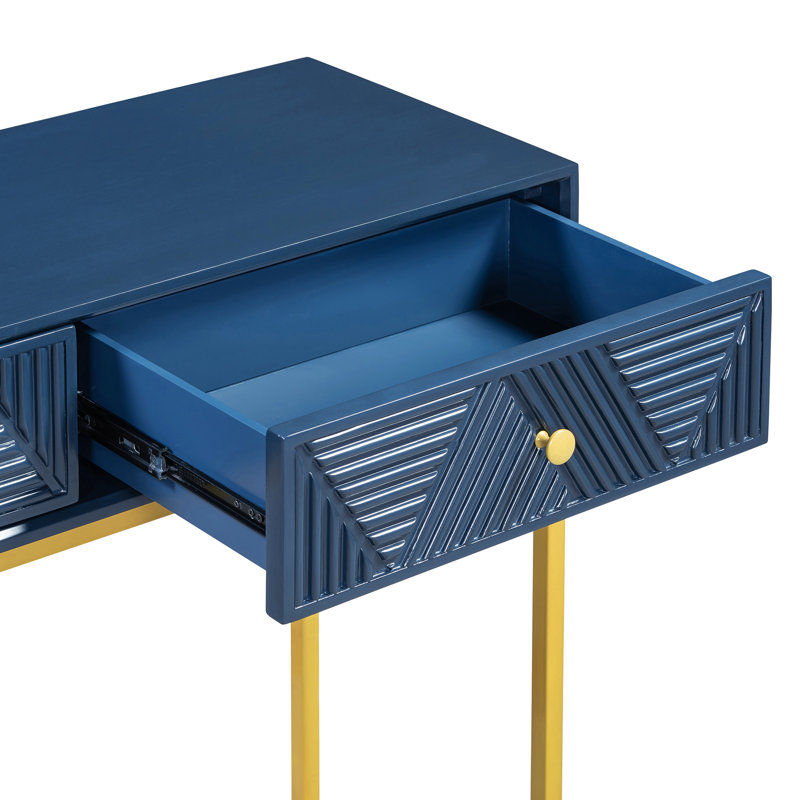 Modern console table with two storage drawers & stripe design, sleek entryway sofa table for living room & hallway, navy