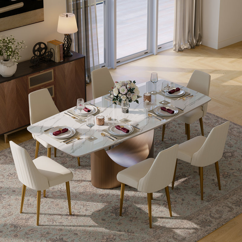 Ensemble de salle à manger moderne, ensemble de table de salle à manger rectangulaire pré-assemblé, ensemble de table de salle à manger en pierre frittée avec chaises rembourrées en similicuir