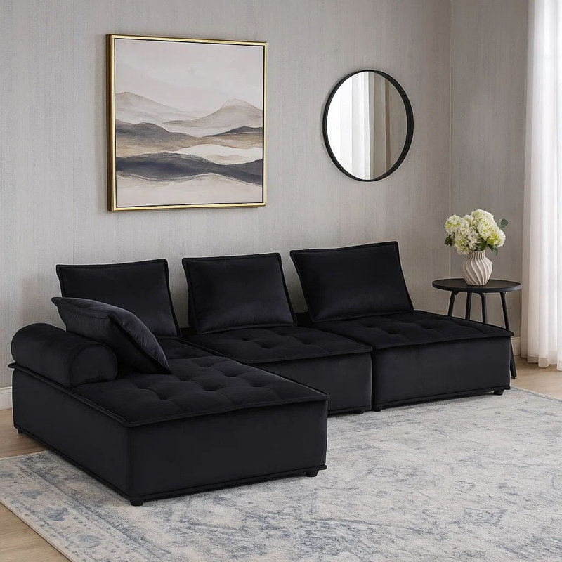 Canapé modulaire 4 pièces avec siège capitonné, Velours noir, H 29 po x l 120 po x P 80 po