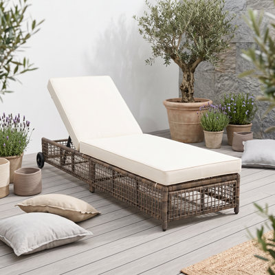 Méridienne d'extérieur tissé en rotin avec dossier réglable, roues, siège rembourré, méridienne de jardin, piscine