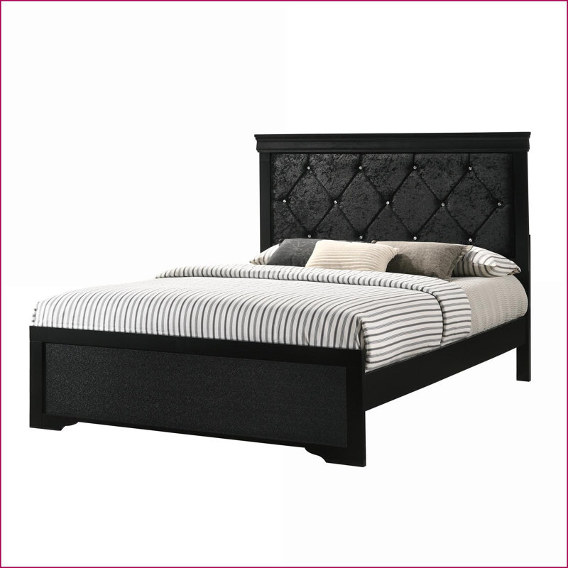 Très grand lit à panneau en bois avec tête de lit capitonnée capitonnée - Finition noire pour la chambre principale / chambre d'amis