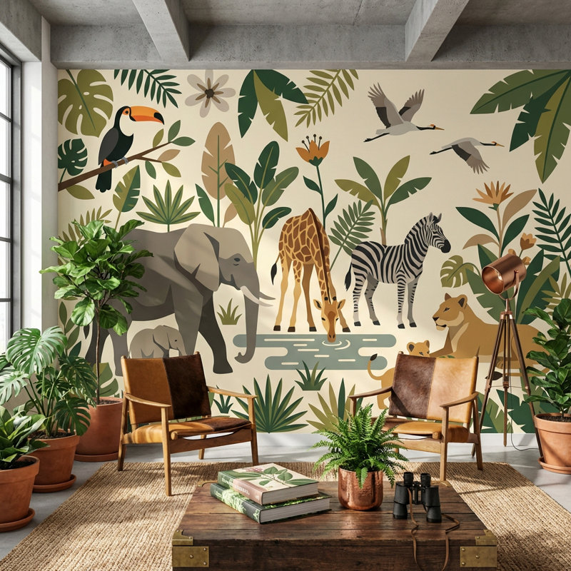 Papier peint animaux de la jungle, nature tropicale, 140 po x 108 po, Peler et coller