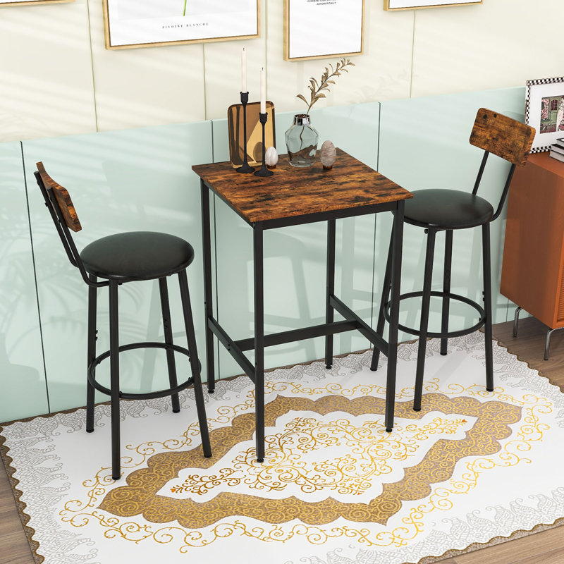3-Piece Industrial Bar Table Set with Square Table and 2 Upholstered Stools, Black, Rustic Brown