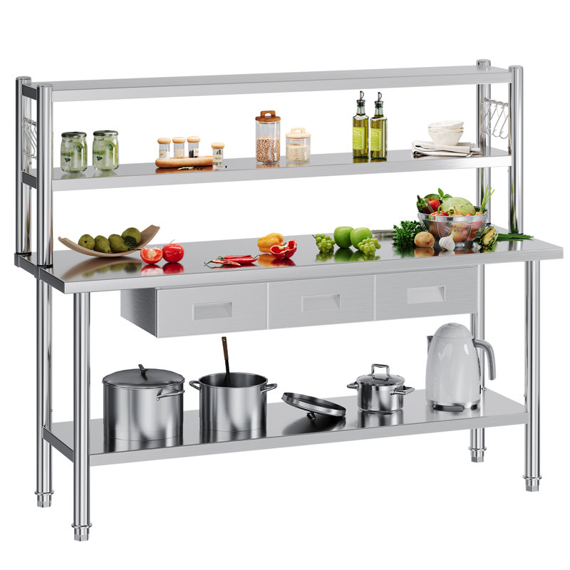Ensemble de table en acier inoxydable Precision Zenith, table de préparation de cuisine avec tablette réglable, surface en métal certifiée NSF (inclut les roues et le dosseret) pour la cuisine, le restaurant, l'hôtel et le garage