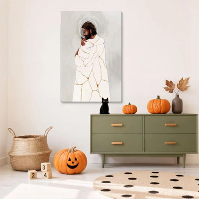1 piece framed Abingdon painting of Jesus embracing, with a gold cracked robe, religious art style. Decorative vintage poster for home decor, modern artwork perfect for bedroom or living room