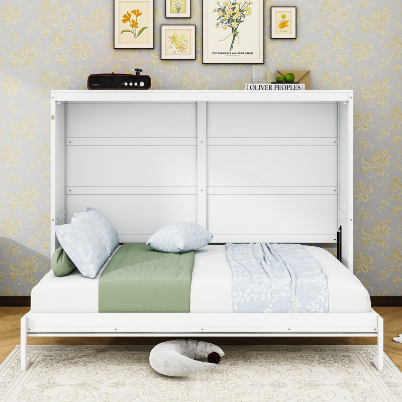 Budhan Wooden Murphy Bed Wall Bed, Full, White