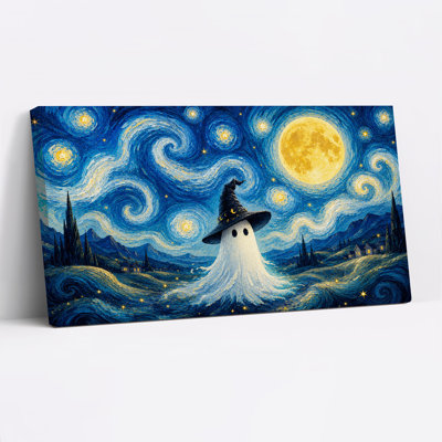 Tableau mural sur toile représentant un fantôme coiffé d'un chapeau de sorcière noir sous un ciel étoilé tourbillonnant, idéal pour l'Halloween