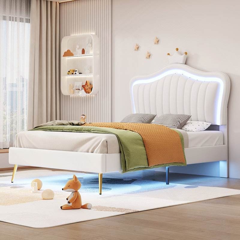 Structure de lit tapissier avec lumières DEL, lit princesse rembourré avec tête de lit couronne