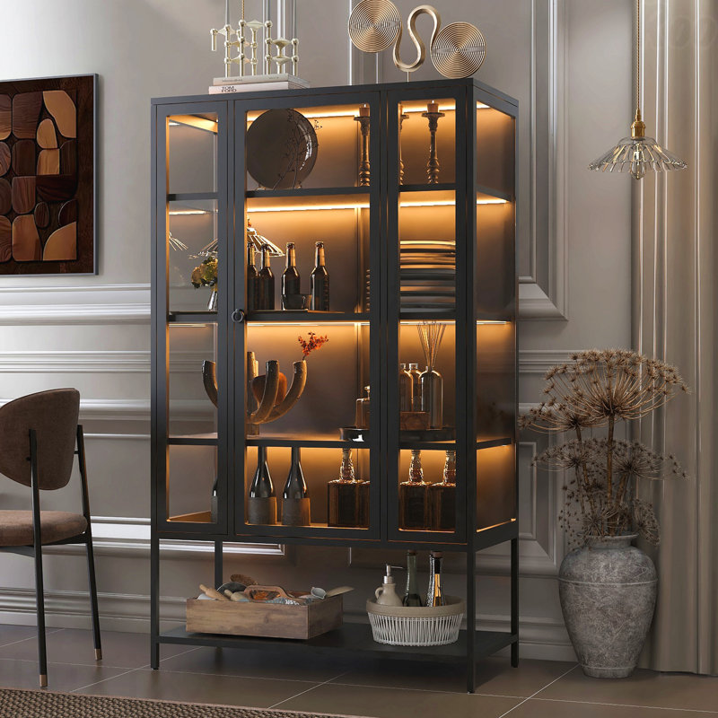 Tall Iron Display Cabinet With Glass Door And LED Lights Steel Curio Cabinet For Collectibles Figures Trophies 3-Sided Glass Display Case For Home Office Study Room Stores Playroom