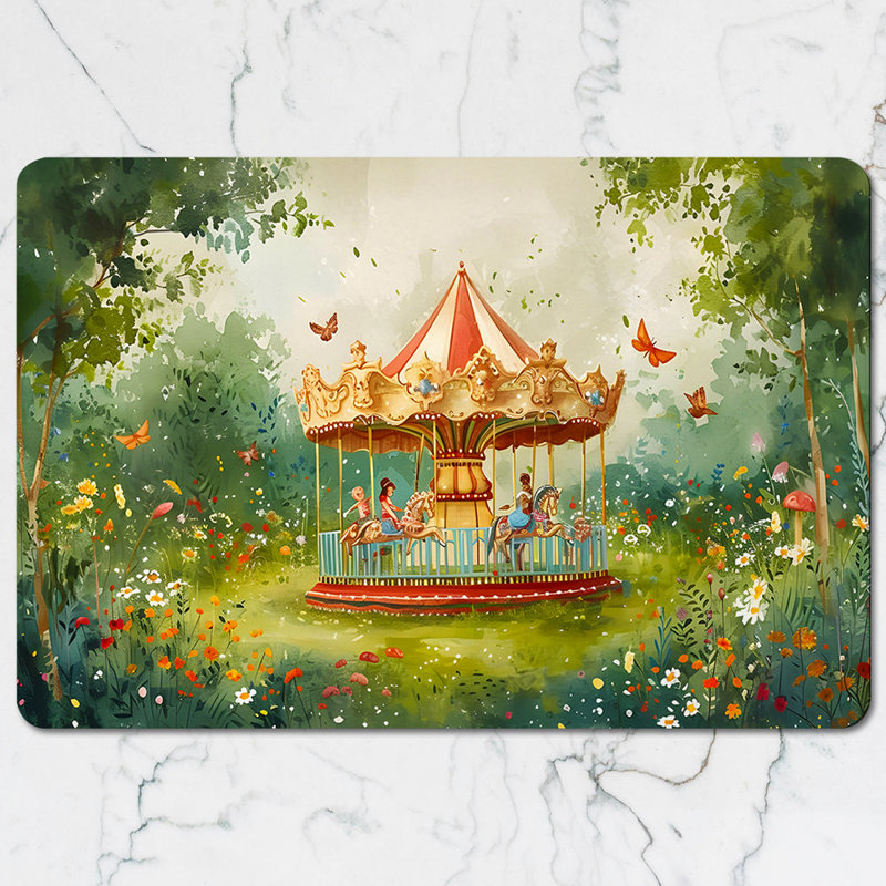Whimsical Carousel In Garden Scene Placemat And Coaster Set