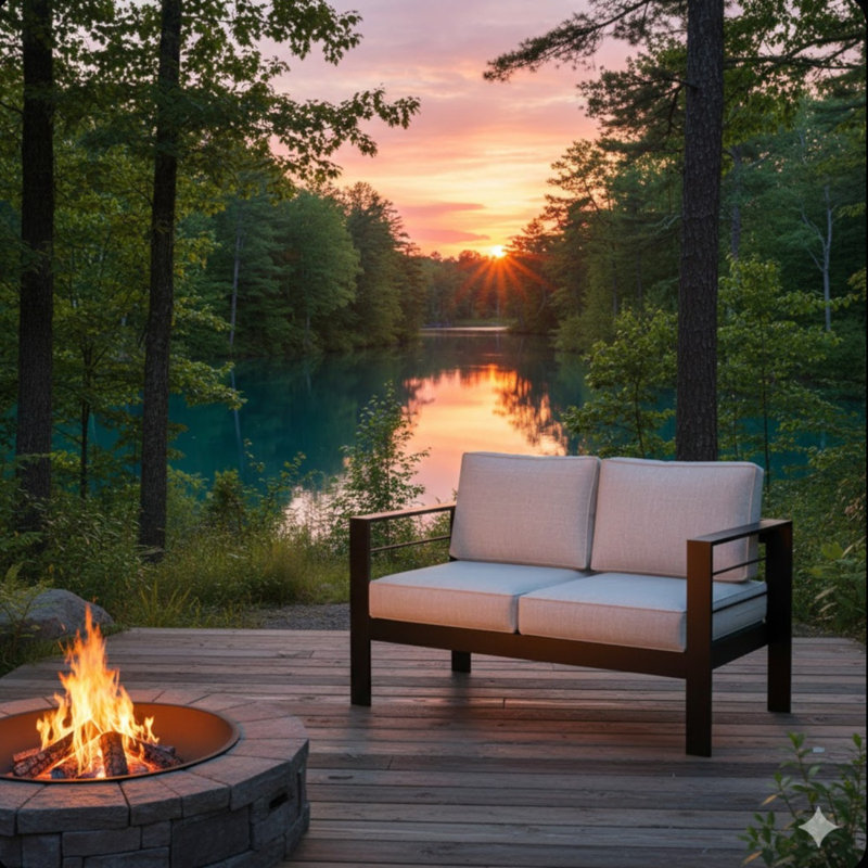 50" All-Weather Aluminum Patio Loveseat With Thick Light Gray Cushions & Black Frame, Light Gray, Black