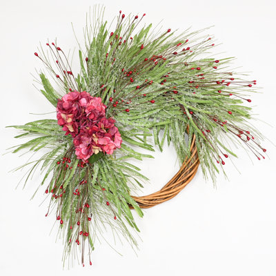 Couronne de fleurs artificielle 24 po Frozon Herbe de baies rouges hortensia pour porte d'entrée décorations de Noël