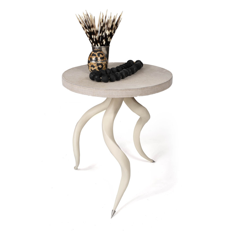Polished Inner Horn End Table with Cream Cow Hide Top