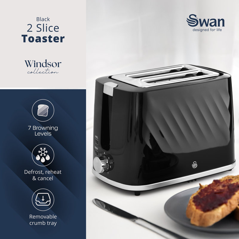 Swan  Windsor 2 Slice Toaster with 7 Browning Levels, Defrost/Reheat/Cancel Functions, Self-Centring Functions and Removable Crumb Tray, 900W
