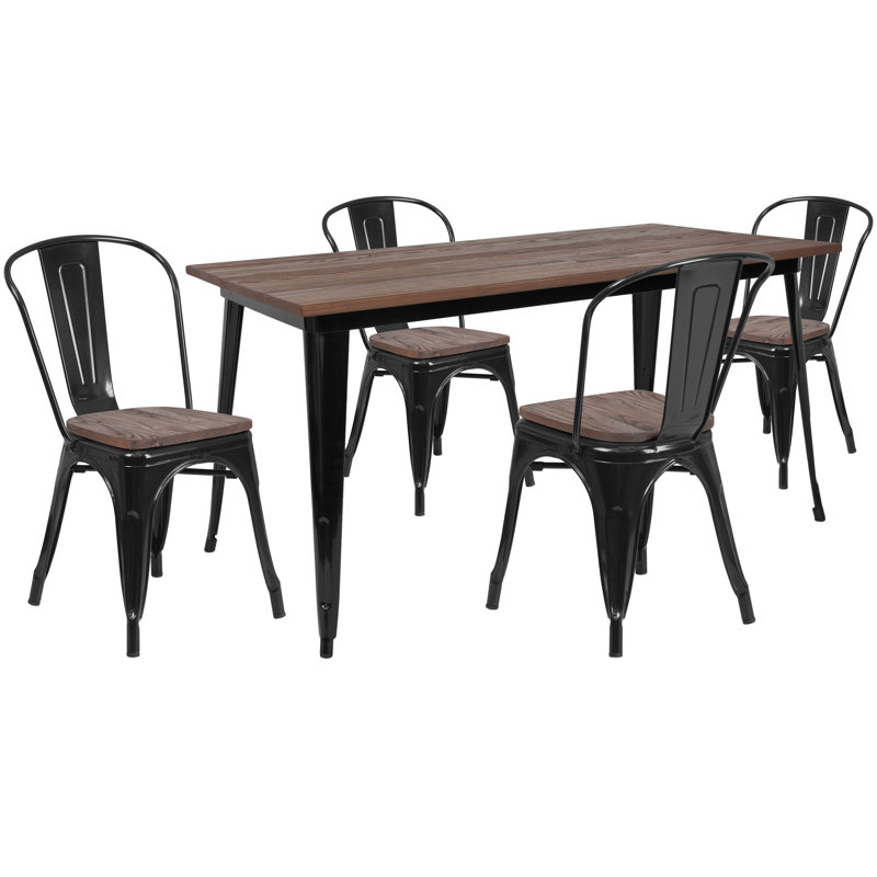 Ensemble de salle à manger en bois massif 7 pièces Lafonya, Noir, Noyer, 5 pièces