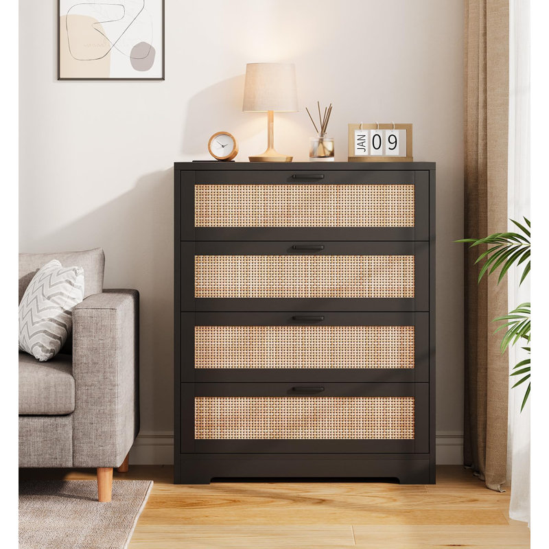 Commode 4 tiroirs, commode haute en rotin, Noir, noir, noir, noir