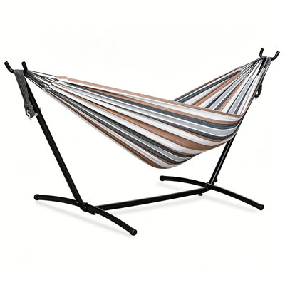 Portable Double Hammock With Space-Saving Steel Stand – 2 Person 450 Lb Capacity Heavy Duty Free Standing Hammock Combo For Indoor Outdoor Patio Yard, Easy Assembly (Coffee)