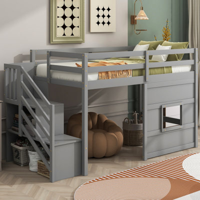Lit mezzanine simple gris avec escalier de rangement et fenêtre - Structure en bois robuste pour chambre à coucher