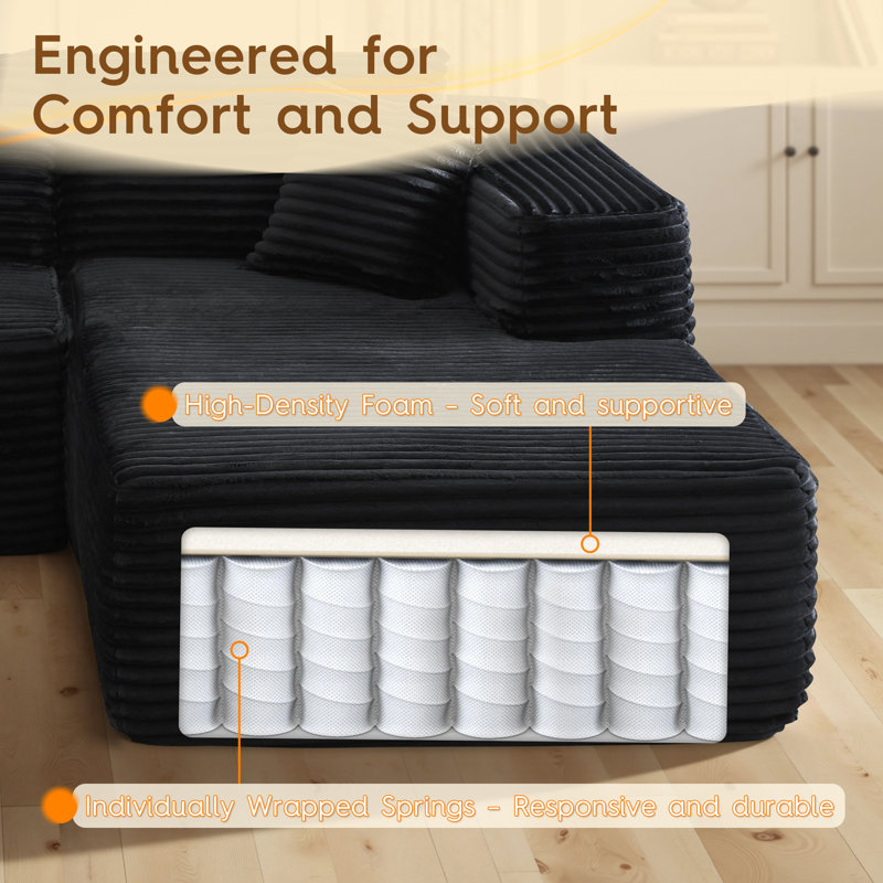 No Assembly Required Compression Packed 3-piece Cloud Modular Upholstered Sectional Sofa With Chaise Lounge Chair