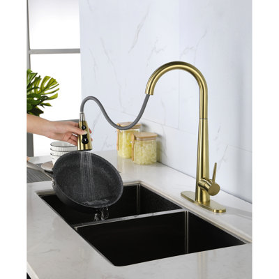 Robinet de cuisine doré, acier inoxydable, rétractable, poignée simple, évier de profondeur 10,03 po, débit moderne de 1,8 gal / min, entretien facile