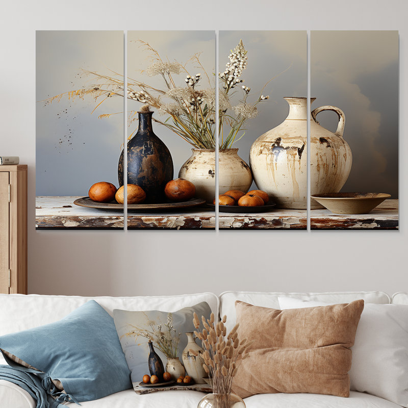 Art floral blanc potier rétro - art mural 4 pièces Boho Pottery, H 32 po x l 64 po