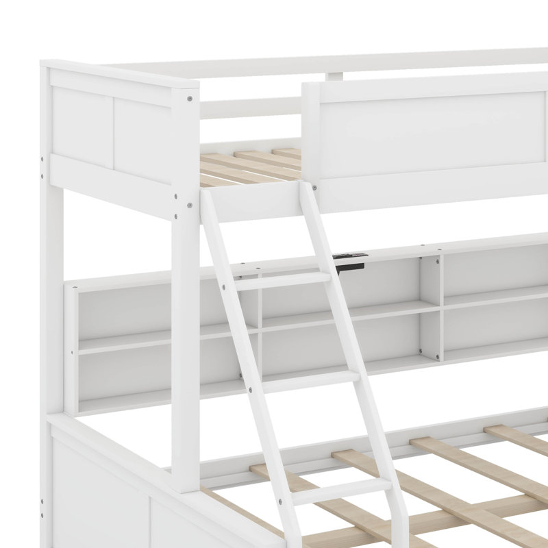 Lit superposé avec armoires de rangement et ports USB, Simple TG sur grand, Blanc antique