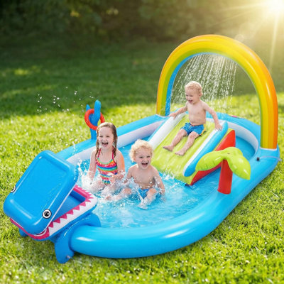 Inflatable Kids Play Center Outdoor/Indoor Kid Pool Slide, With Water Sprayer, Waterfall, And Ocean Ball, Multicolor