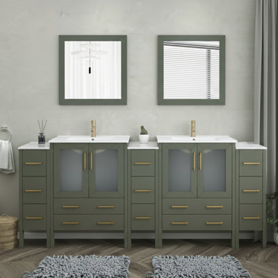  Modern 96" Double Sink Freestanding Bathroom Vanity with Ceramic Top and Matching Mirrors