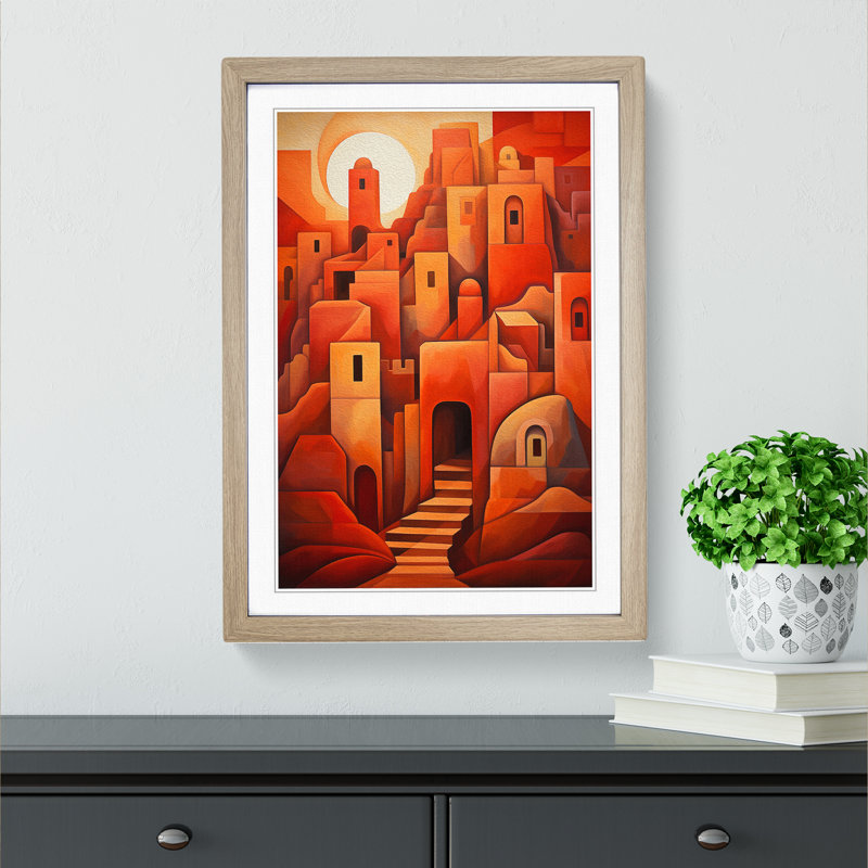 Desert Cubism No.2 - Single Picture Frame Print on Wood, 34" H x 25" W x 2" D, Oak